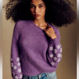 Sezane Purple Sweater with White Floral Accents